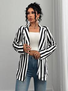 Chiquease 女士缺口翻领长袖条纹休闲西装外套 - 黑與白 - 查看 5