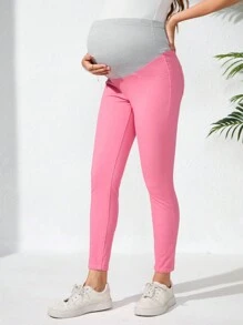 SHEIN Maternity Plain Color Splice Pocket Simple Fitted Casual Jeans - Pink - View 3