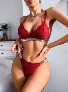 Set de 2 piezas Lencería romántica y encantadora de plata con cinta para mujer - Burdeos - Ver 6