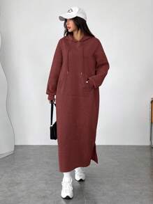 SHEIN EZwear Vestido casual con capucha y bolsillos para mujer talla grande, vestido sudadera de manga larga con corte holgado y detalle de abertura, apropiado para uso diario, otoño/invierno