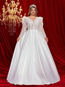 Vestido de novia de talla grande con mangas abullonadas, empañuelado de encaje y satén, y detalle de lazo en la espalda para tallas grandes - Blanco - Ver 1
