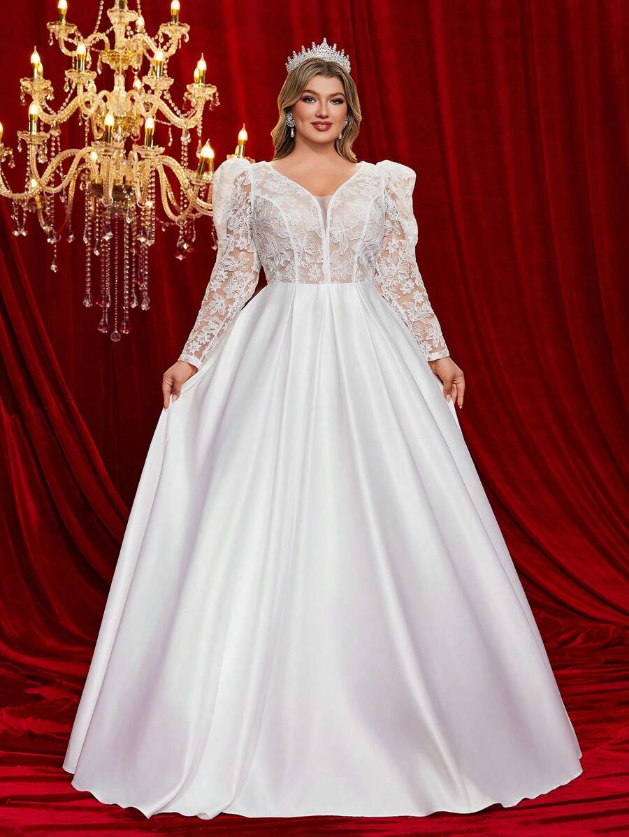 Vestido de novia de talla grande con mangas abullonadas, empañuelado de encaje y satén, y detalle de lazo en la espalda para tallas grandes - Blanco - Ver 1