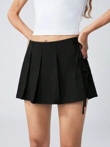 LYSMO 女士纯色简约系腰褶饰迷你短甜美裙秋冬日常休闲