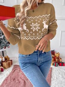 Chiquease Christmas Reindeer Graphic Drop Shoulder Knit Sweater