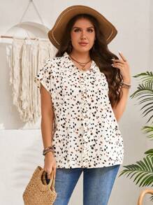 EMERY ROSE 大码荷叶边全印花休闲短袖衬衫、女士度假装、夏装 - 彩色 - 查看 4