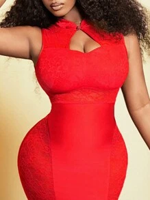 BamGleam Women's Solid Color Stand Collar Sleeveless Slim Fit Dress - Red - View 6