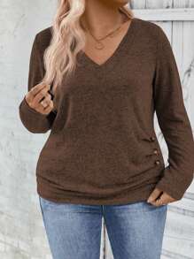 INAWLY Women's V-Neck Long Sleeve Side Button Decoration Pleated Soft Knit Casual Plus Size T-Shirt, Autumn/Winter