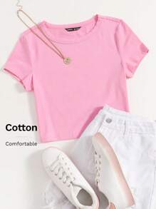 SHEIN EZwear 休闲纯色短款T恤，夏季百搭