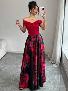 Chiquease Vestido elegante con estampado de rosa, escote bardot, cruce en la cintura y falda acampanada, color rojo, adecuado para uso diario, primavera/verano