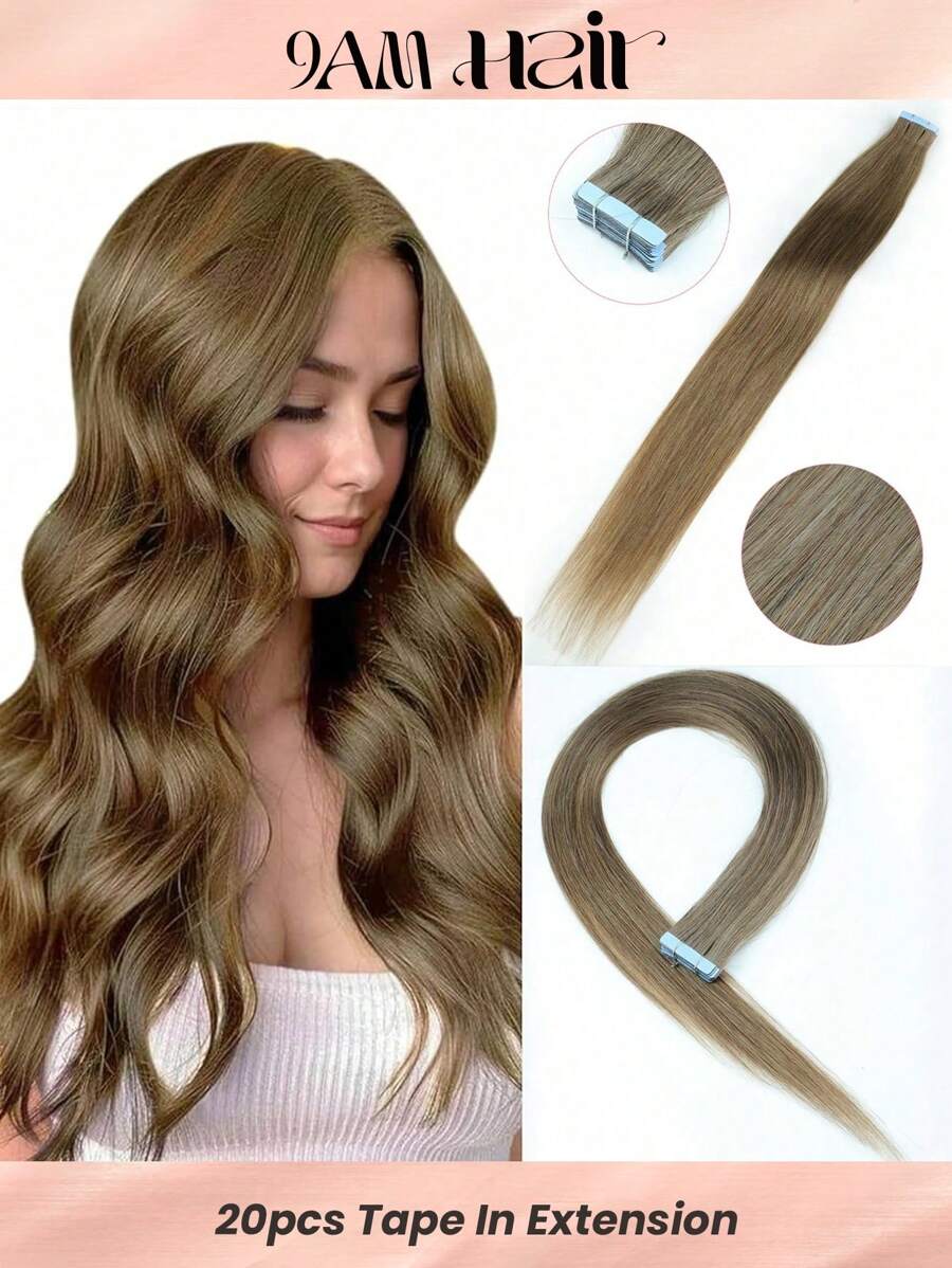 20pcs Straight Tape In 100% Human Hair Extension For Salon Silky Seamless Invisible 8# Light Cool Brown For Thin Hair Woman Natural Look Top Quality Dark Brown Color Tape In Hair Tape Ins Hair Extensions - S8 - View 1
