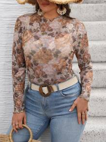 SHEIN VCAY Plus Size Women Floral Print Fitted Top Fall - Multicolor - View 4