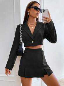 SHEIN EZwear 女士纯色短款夹克连衣裙秋冬简约时尚 - 黑色 - 查看 1