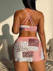 Swim Lushoire 女士佩斯利印花吊带前系带性感比基尼泳装套装适合海滩度假夏季 - 彩色 - 查看 2