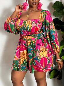 Slaydiva 大码女式热带花卉印花露肩连体裤，度假风格