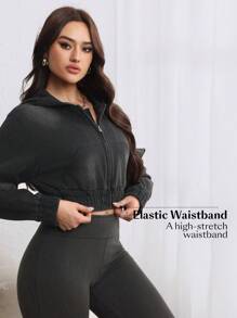 SHEIN LUNE Women's Long Sleeve Zip Up Hooded Cropped Casual Jacket - Black - View 5