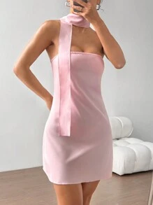Flirla Women Short Casual Pink Dress, Minimalist And Fashionable For Everyday - Pink - View 5