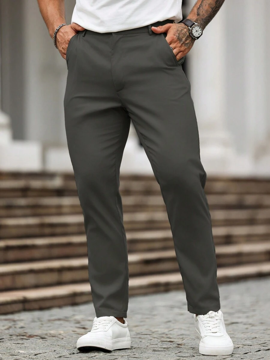 Manfinity Mode Men's Solid Color Straight-Leg Casual Suit Pants With Pockets - Grey - View 1