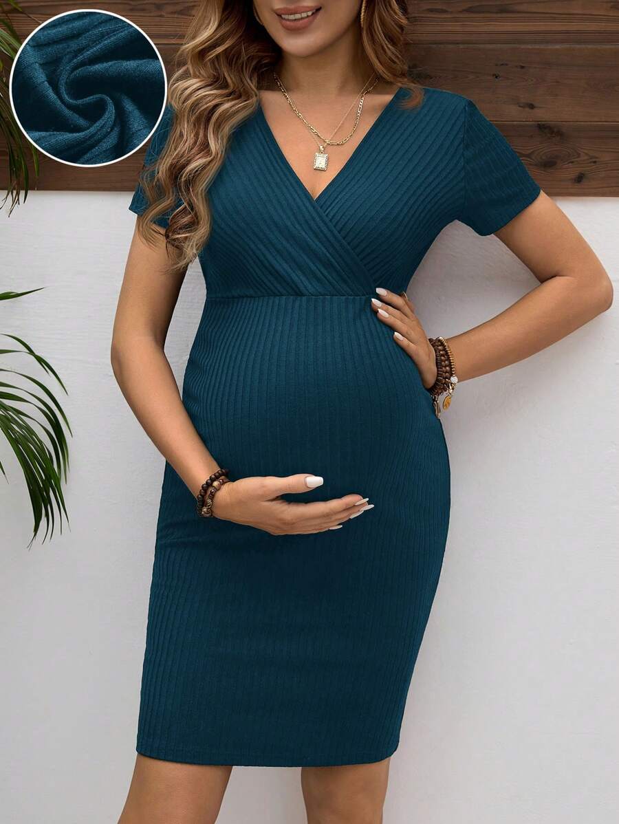 SHEIN Maternity V-Neck Short Sleeve Simple Casual Short Dress World Cup - Teal Blue - View 1