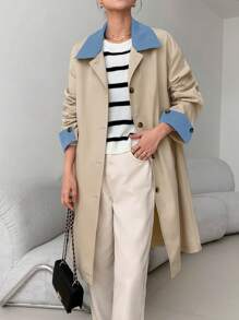 EastFlair Korean Fashion Women Casual Color Block Pocket Design Trench Coat