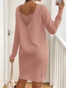 SHEIN Frenchy Vestido de suéter corto casual de manga larga con aplicación de encaje