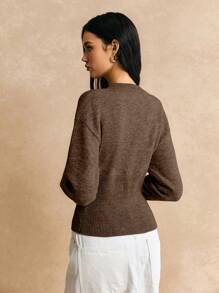 Poéselle كارديجان قصير رفيع الأكمام الطويلة بأزرار أمامية لون سادة بسيط كاجوال مصنوع من الصوف، كنزة صوفية نسائية، سترات نسائية شتوية، ملابس نسائية للخريف - قهوة بني - مشاهدة 4