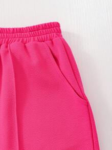 SHEIN 2pcs Teen Girl Solid Color Front Button Long Sleeve Minimalist Top And Pants 2 Pieces Pink Outfit Set - Hot Pink - View 7