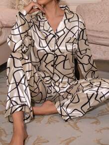 LuxeNights Faux Silk Geometric Print Top And Pants Pajama Set, Fall Winter Clothes - Multicolor - View 3