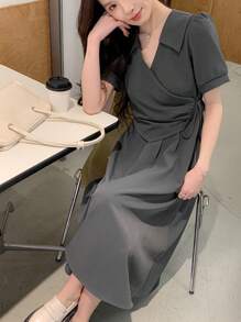 DAZY Color Block Puff Sleeve Mid-Length Dress For Women Sundress