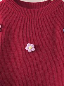 Girls' Handmade Floral Knitted Dress, Tween Girls Round Neck Long Sleeve Cute Elegant Pink Dress - Red - View 8