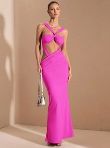 SHEIN BAE Solid Red Knitted Sexy Elegant Minimalist Lace-Up Hollow Tube Top Design Long Dress, Suitable For Graduation Ceremony, Formal Occasions, Cocktail Party, Romantic Date, Autumn/Winter Underdress, Party, Clubbing, Wedding Bridesmaid Dress, Nightout, Halloween, Christmas - Hot Pink - View 6