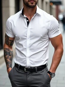 Áo sơ mi nam tay ngắn cài khuy đơn màu tương phản thường ngày Manfinity Mode dành cho nam, ngày lễ tình nhân nam, quà tặng bạn trai, ngày lễ tình nhân nam, quà tặng bạn trai, áo sơ mi tay ngắn, áo sơ mi nam cài nút, áo sơ mi nam màu trắng - trắng - Xem 1