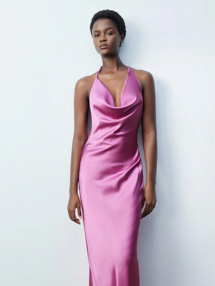 SHEIN Maija Elegant Halter Draped Neck Pink Long Bodycon Dress For Women, Suitable For Spring/Summer Parties, Valentine's Day, Chic & Stylish Festival