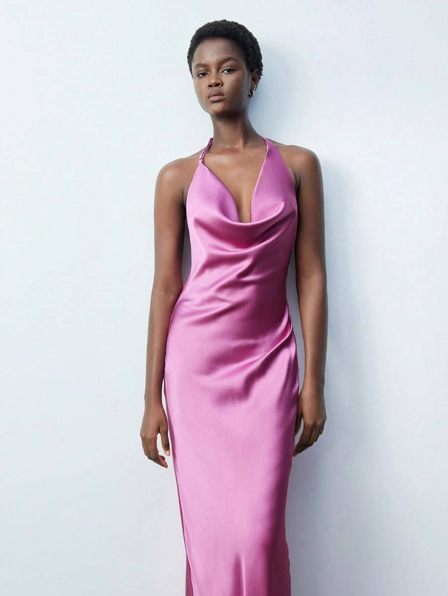 Maija 优雅挂脖垂坠粉色长款修身连衣裙，适合春夏派对、情人节、时尚节日 - 玫紅色 - 查看 1