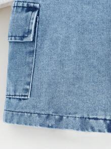 Baby Girl Casual Minimalist Cute White Ribbed Top With Denim Overall Dress 2 Pieces Set, Spring/Autumn