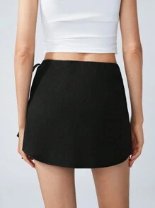 LYSMO 女士纯色简约系腰褶饰迷你短甜美裙秋冬日常休闲