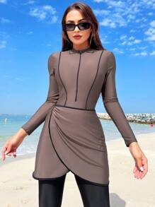 Swim Mulvari Summer Beach Women's Long Sleeve Stand Collar One Piece Swimsuit