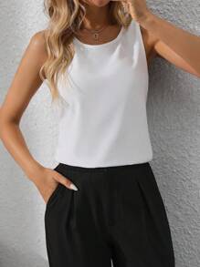 SHEIN Clasi Women Simple Solid Color Round Neck Sleeveless Bow Decor Blouse - White - View 5