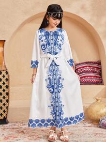 SHEIN Vestido informal de manga 3/4 y largo medio con diseño suelto para niñas preadolescentes - Blanco - Ver 3