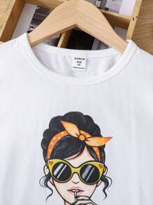 SHEIN Girls Cute Girl Print Round Neck Knit T-Shirt,Suitable For Spring And Summer - White - View 6