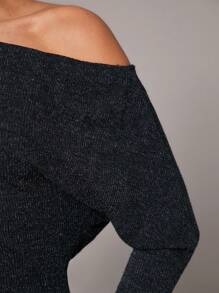 SHEIN BAE 女士纯色深灰色花卉不对称领长袖紧身不对称肩部性感时尚连衣裙，适合鸡尾酒会、浪漫约会、秋冬分层连衣裙、派对、婚礼伴娘、万圣节、圣诞节 - 深灰色 - 查看 3