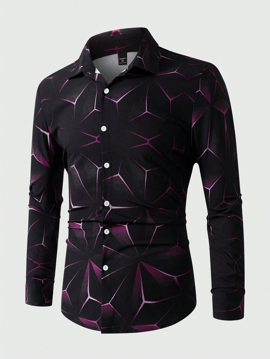 Manfinity LEGND Herren Große Größen Geometrisches Muster Langarm Einreiher Lässig Hemd, Herbst - Rot - Übersicht 1