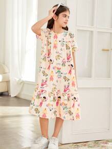 SHEIN Tween-Mädchen Lässiges Midikleid mit Cartoon-Graffiti-Print und Rundhalsausschnitt, kurzen Ärmeln und Rüschensaum