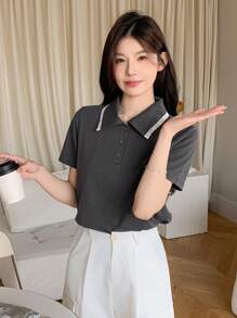 DAZY Contrast Ruffle Collar Women's Short Sleeve Casual T-Shirt - Dark Grey - View 6