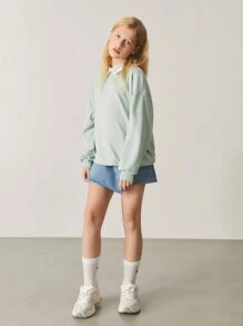 SHEIN Tween Girl Contrast Collar Keyhole Back 2 In 1 Pullover - Mint Green - View 5