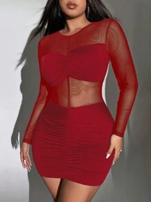 Viva Relle Plus Size Solid Color Round Neck Long Sleeve Simple Casual Sexy Mesh Semi-Sheer Dress