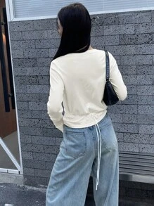 DAZY 女士交叉扭结镂空针织衫 秋季长袖 - 白色 - 查看 8