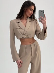 Aloruh Women Plain Color Notched Collar Long Sleeve Cropped Jacket And Pants Suit Set - Khaki - View 7