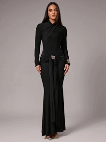 Silquee Women's Elegant Overlapping Long Sleeve Dress,Metal Buckle Decor Front Slit,Elastic Knit,Autumn/Winter Layering For Dining,Cocktail Party,Black - Black - View 1