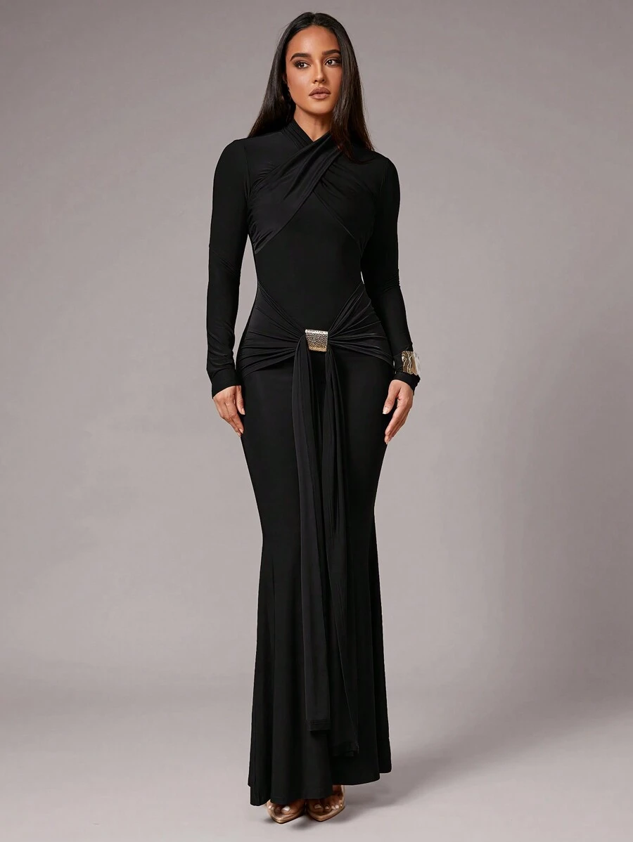 Silquee Women's Elegant Overlapping Long Sleeve Dress,Metal Buckle Decor Front Slit,Elastic Knit,Autumn/Winter Layering For Dining,Cocktail Party,Black - Black - View 1
