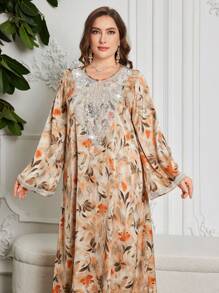 SHEIN Najma CURVE 全新优雅长袖印花珍珠刺绣奢华女士长袍 - 杏色 - 查看 6